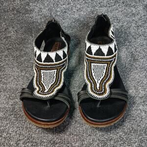 Pikolinos Shoes Womens Size 10 Black Beaded Sandals Maasai Design Leather Spain